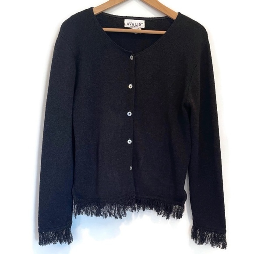 Vintage USA Avalin Black Knit Cardigan, Shell Buttons & Fringe Trim | Medium